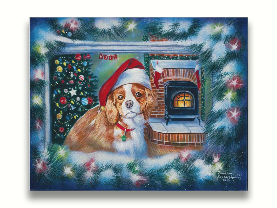 A painting of a little dog with a red santa hat, sitting inside near a fireplace. Printed on canvas.