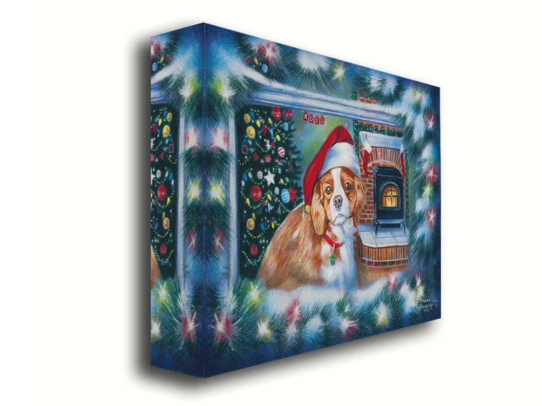 A painting of a little dog with a red santa hat, sitting inside near a fireplace. Printed on canvas.