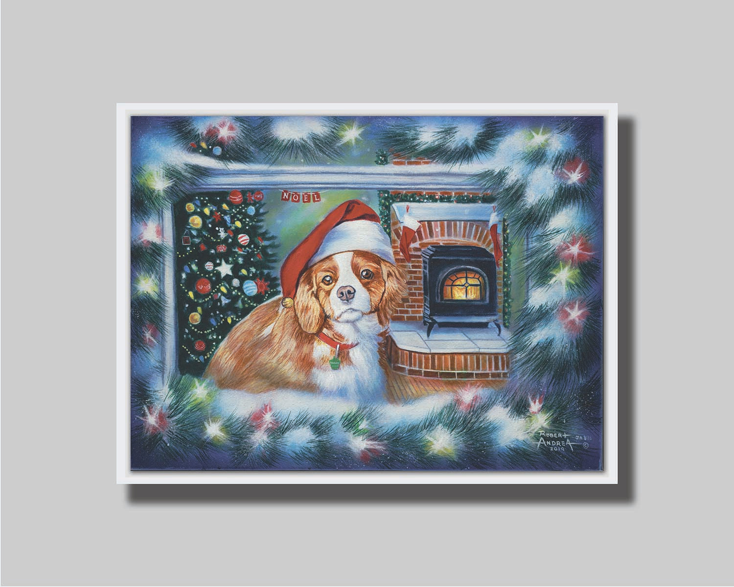 A painting of a little dog with a red santa hat, sitting inside near a fireplace. Printed on canvas in a float frame.