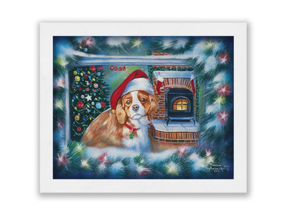 A painting of a little dog with a red santa hat, sitting inside near a fireplace. Printed on canvas and framed.