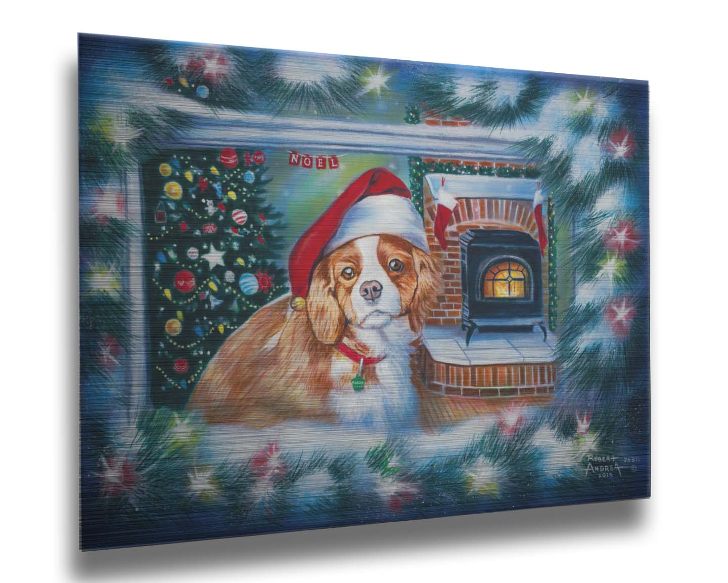 A painting of a little dog with a red santa hat, sitting inside near a fireplace. Printed on metal.