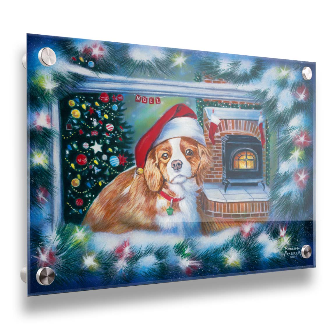 A painting of a little dog with a red santa hat, sitting inside near a fireplace. Printed on acrylic.