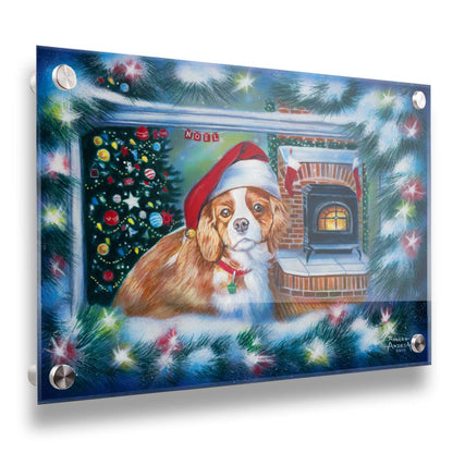 A painting of a little dog with a red santa hat, sitting inside near a fireplace. Printed on acrylic.