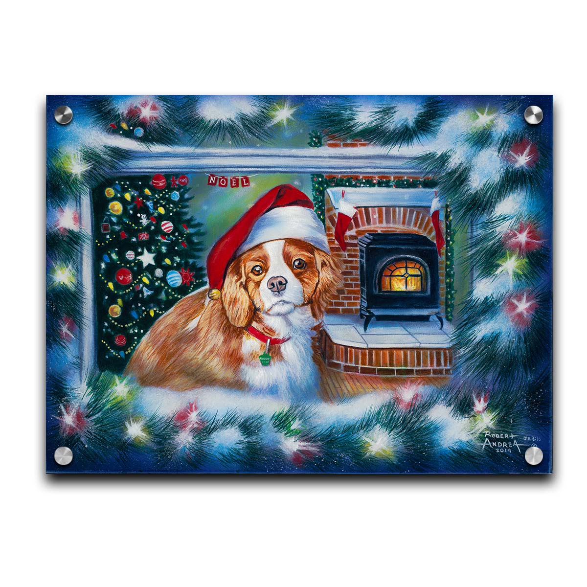 A painting of a little dog with a red santa hat, sitting inside near a fireplace. Printed on acrylic.