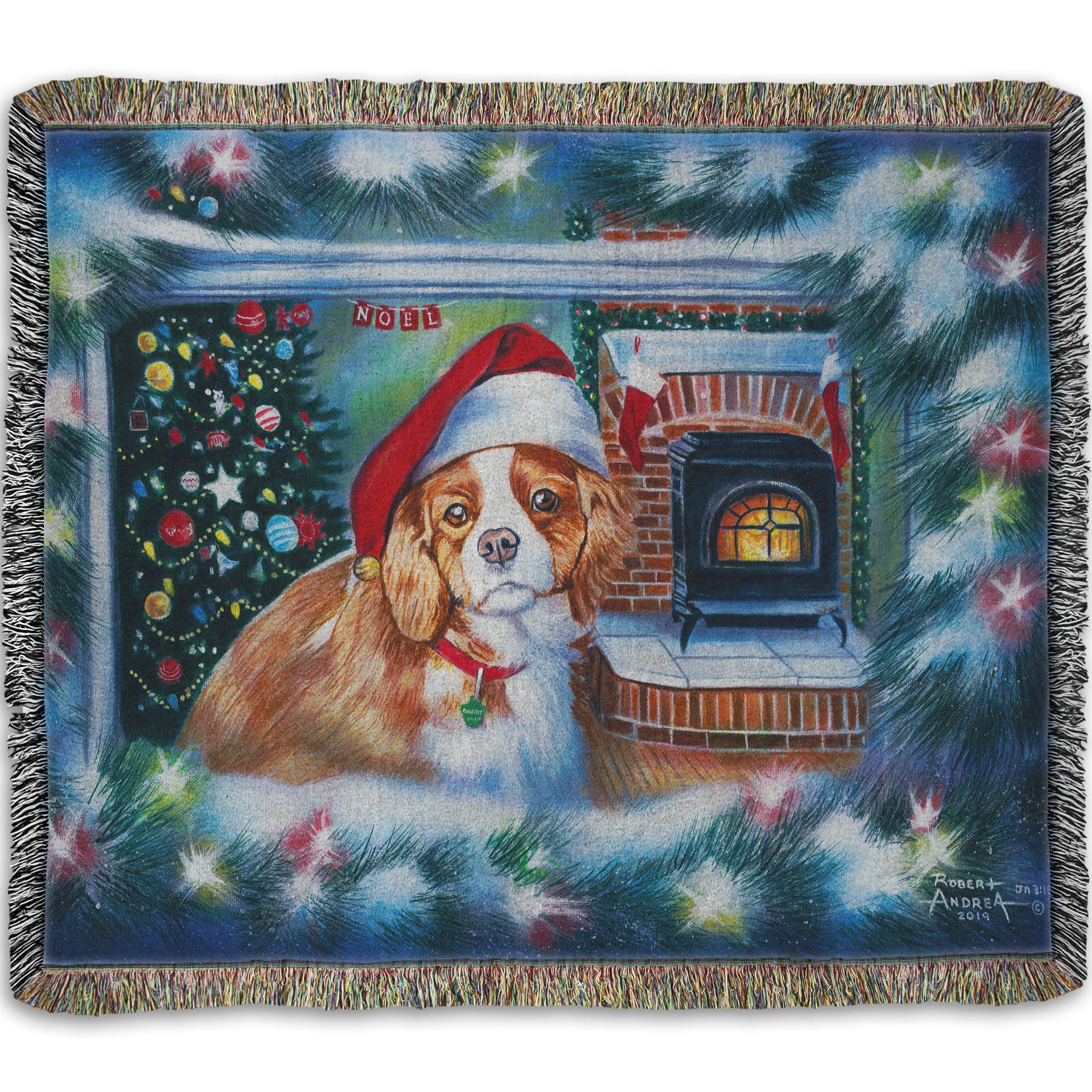 A woven throw blanket depicting a little dog with a red santa hat, sitting inside near a fireplace.