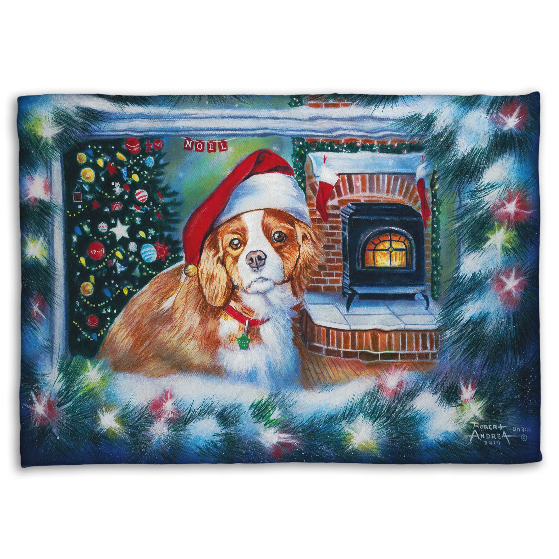 A coral fleece blanket depicting a little dog with a red santa hat, sitting inside near a fireplace.