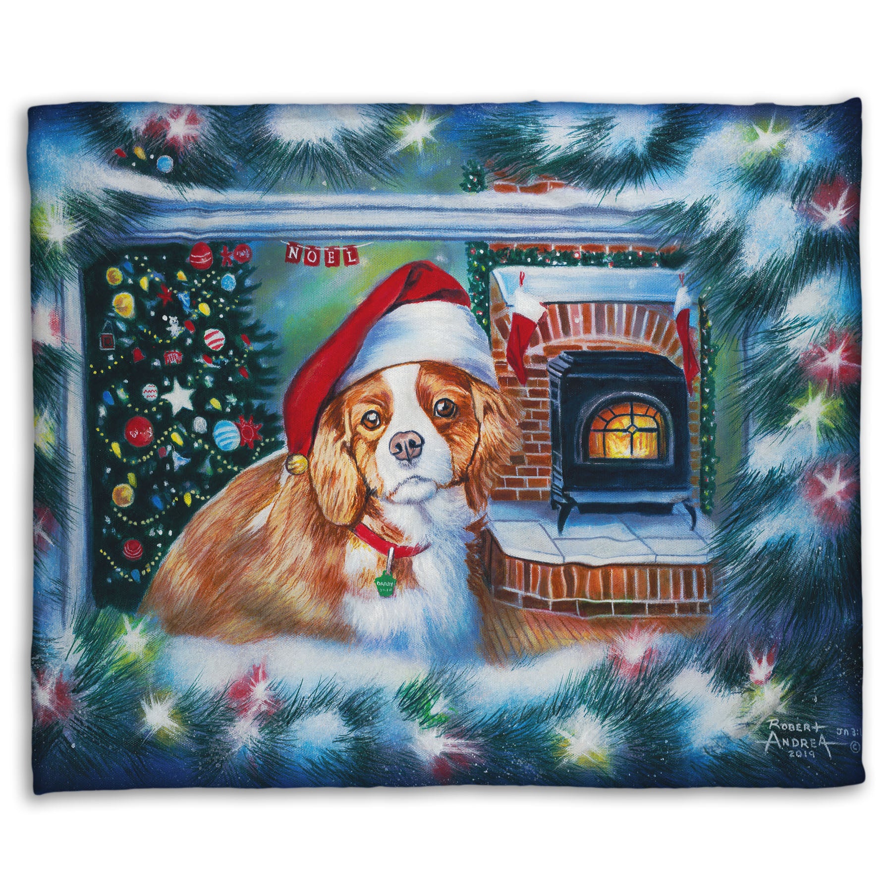 A coral fleece blanket depicting a little dog with a red santa hat, sitting inside near a fireplace.