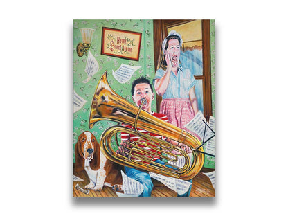 A painting of a child playing tuba loudly, to the displeasure of his mother, as sheet music flies through the air. Printed on canvas.