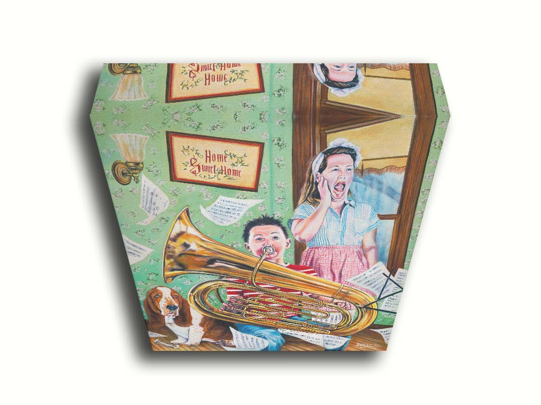 A painting of a child playing tuba loudly, to the displeasure of his mother, as sheet music flies through the air. Printed on canvas.