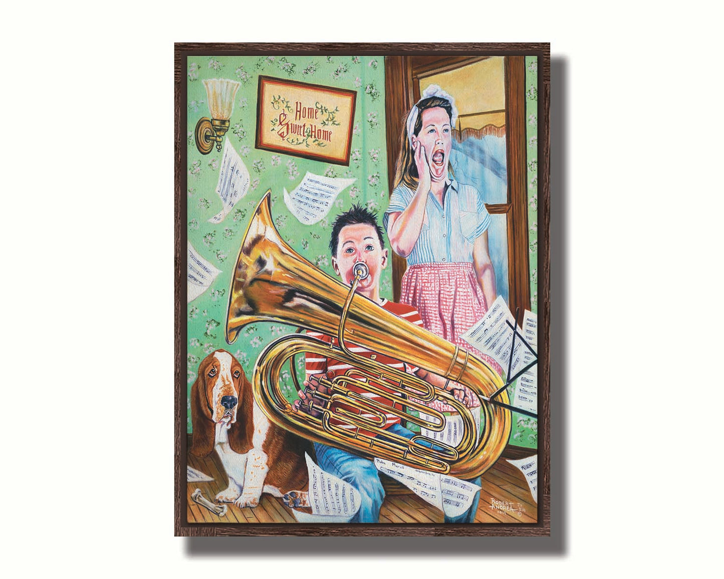 A painting of a child playing tuba loudly, to the displeasure of his mother, as sheet music flies through the air. Printed on canvas in a float frame.