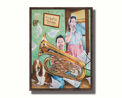 A painting of a child playing tuba loudly, to the displeasure of his mother, as sheet music flies through the air. Printed on canvas in a float frame.