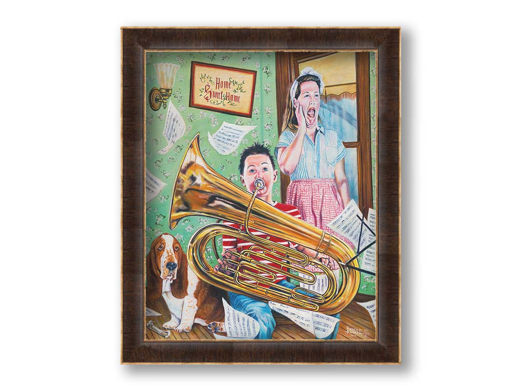 A painting of a child playing tuba loudly, to the displeasure of his mother, as sheet music flies through the air. Printed on canvas and framed.