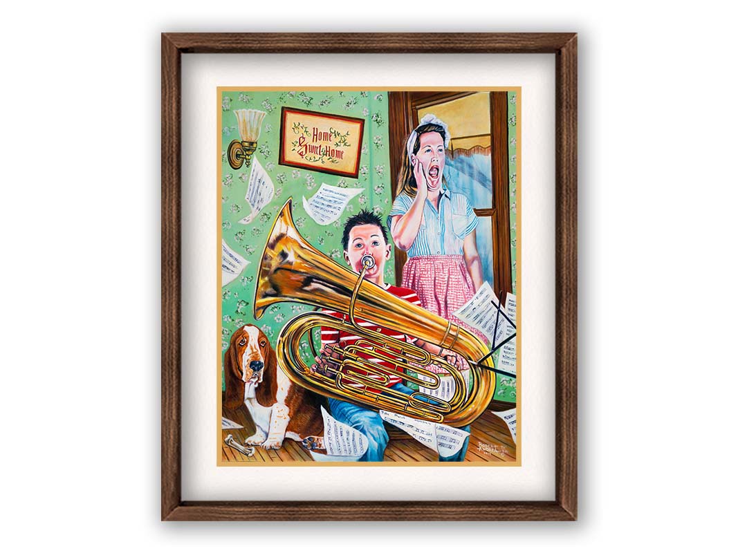 A painting of a child playing tuba loudly, to the displeasure of his mother, as sheet music flies through the air. Printed on paper, matted, and framed.