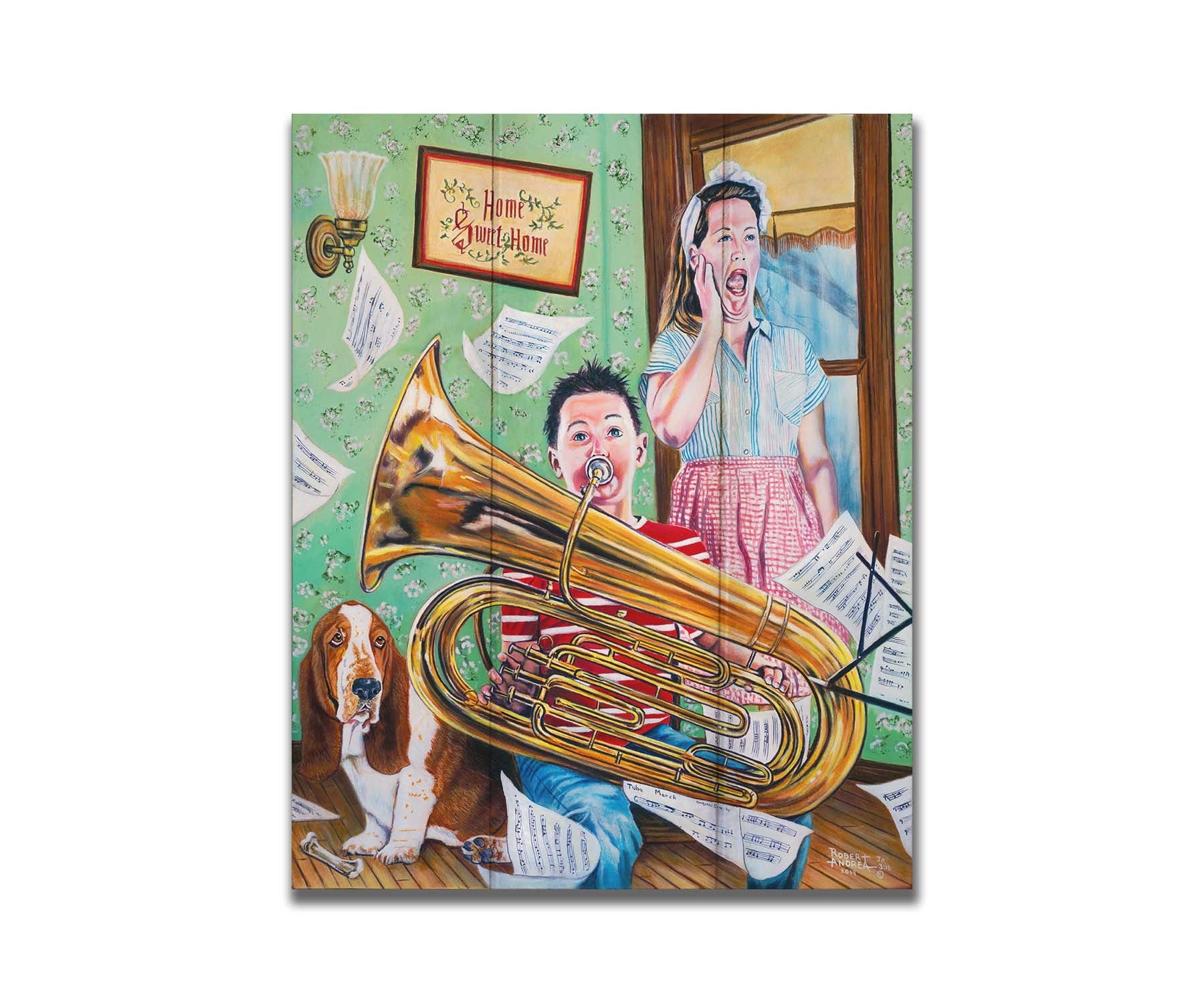 A painting of a child playing tuba loudly, to the displeasure of his mother, as sheet music flies through the air. Printed on a box board.