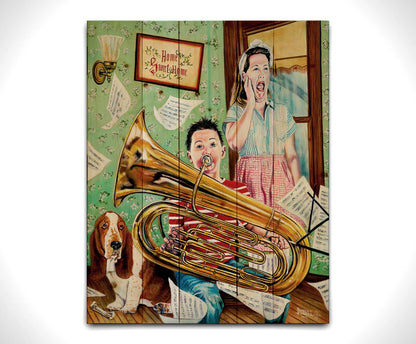 A painting of a child playing tuba loudly, to the displeasure of his mother, as sheet music flies through the air. Printed on a wood pallet.