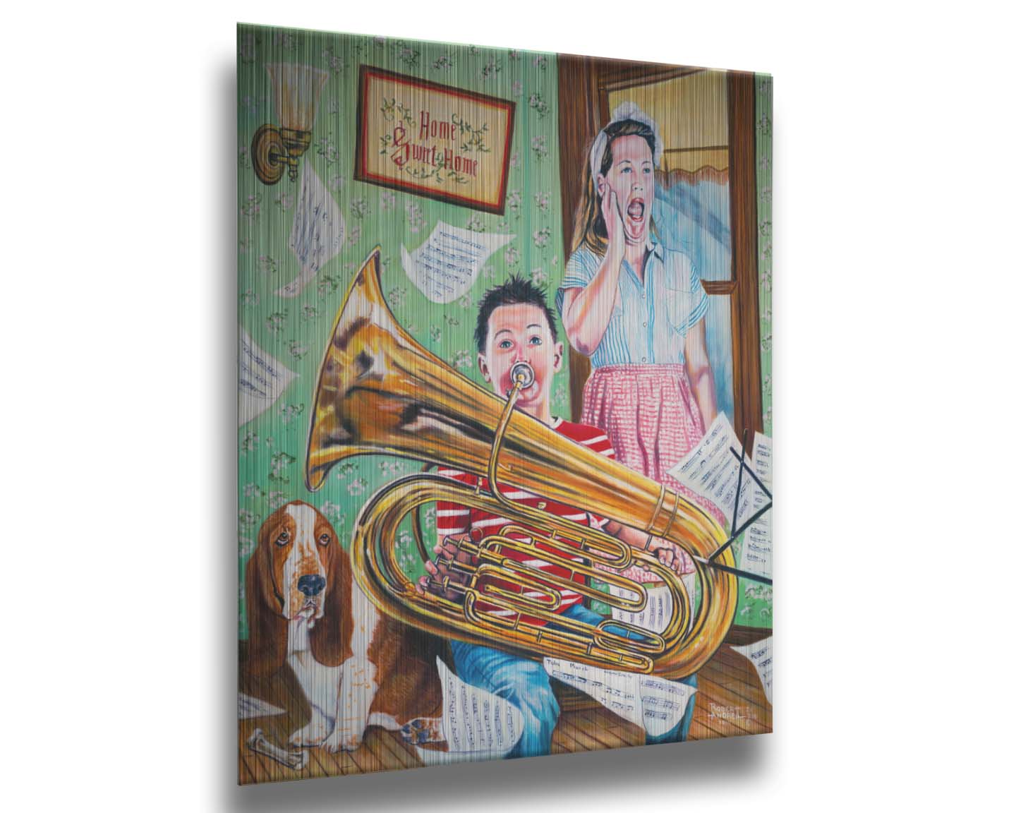 A painting of a child playing tuba loudly, to the displeasure of his mother, as sheet music flies through the air. Printed on metal.