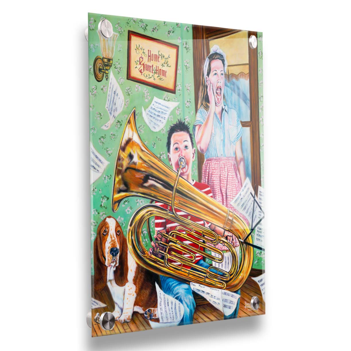 A painting of a child playing tuba loudly, to the displeasure of his mother, as sheet music flies through the air. Printed on acrylic.