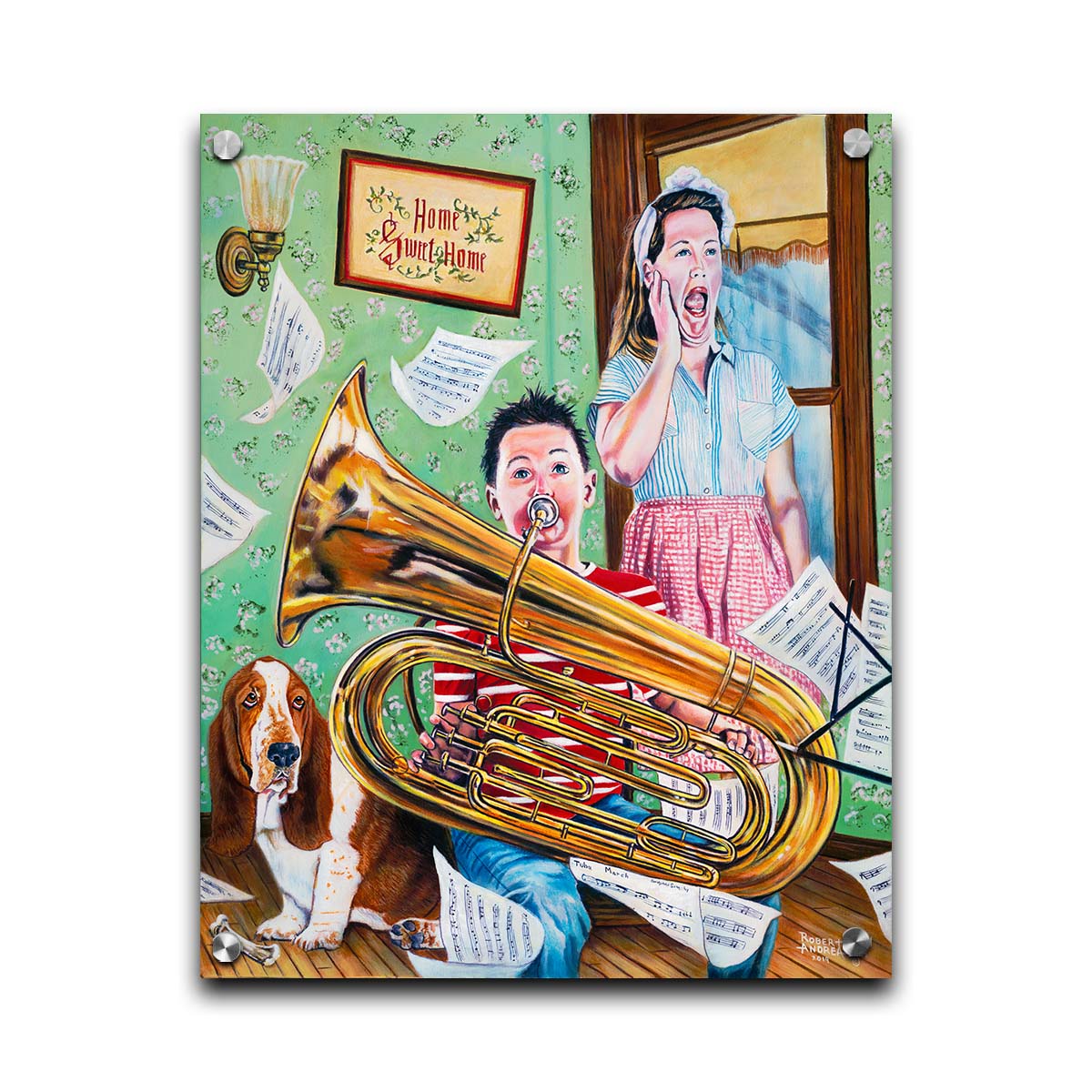 A painting of a child playing tuba loudly, to the displeasure of his mother, as sheet music flies through the air. Printed on acrylic.