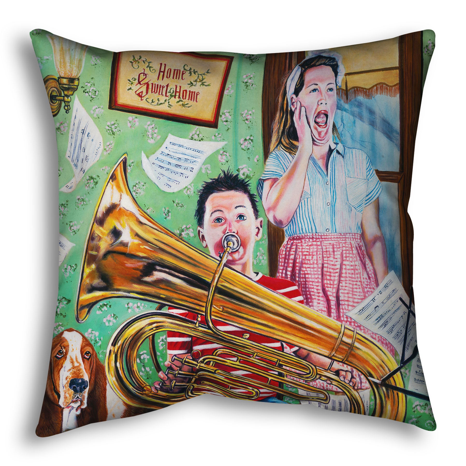 A throw pillow designed with a painting of a child playing tuba loudly, to the displeasure of his mother, as sheet music flies through the air.