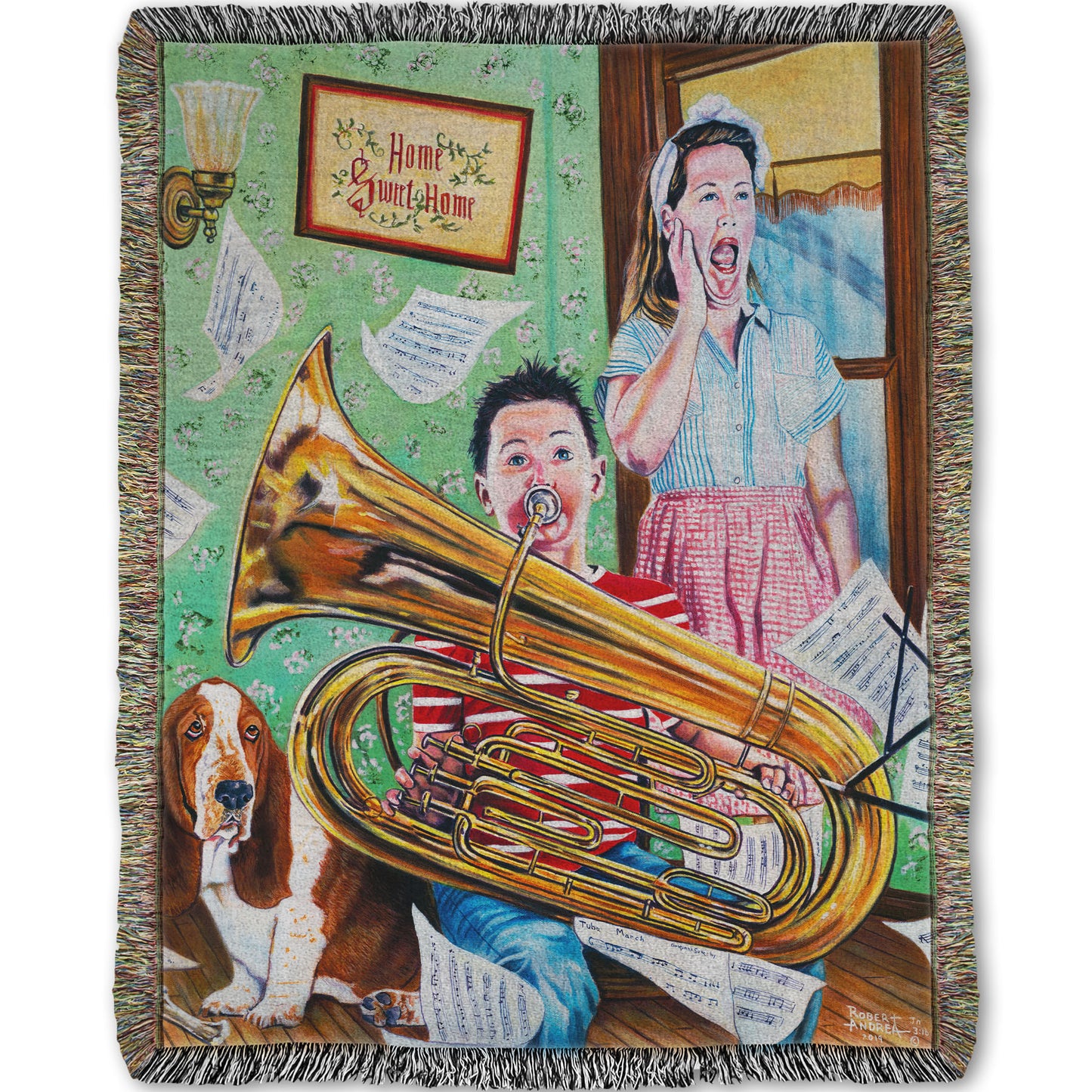 Woven Throw Blanket, Little Tuba Maestro by Robert Andrea