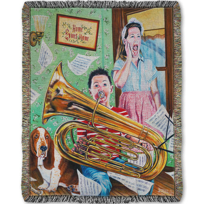 Woven Throw Blanket, Little Tuba Maestro by Robert Andrea
