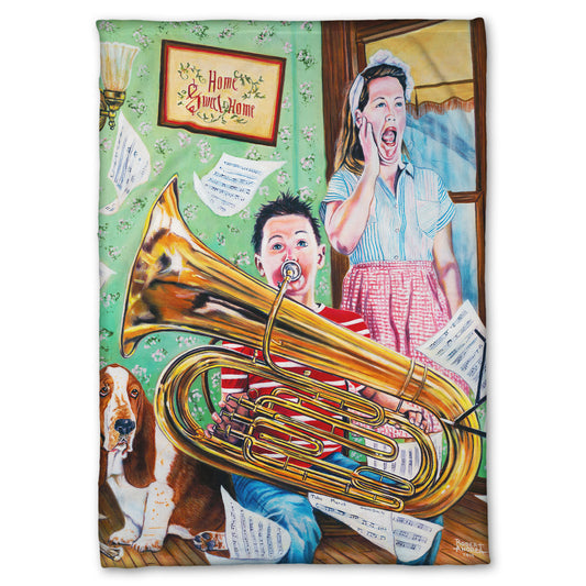 A fleece throw blanket designed with a painting of a child playing tuba loudly, to the displeasure of his mother, as sheet music flies through the air.