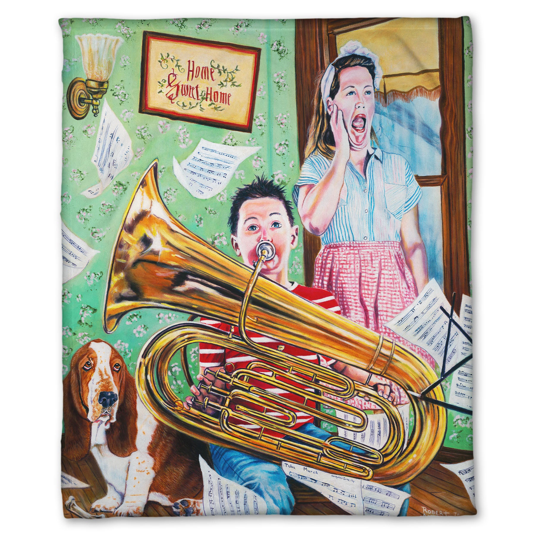 A fleece throw blanket designed with a painting of a child playing tuba loudly, to the displeasure of his mother, as sheet music flies through the air.