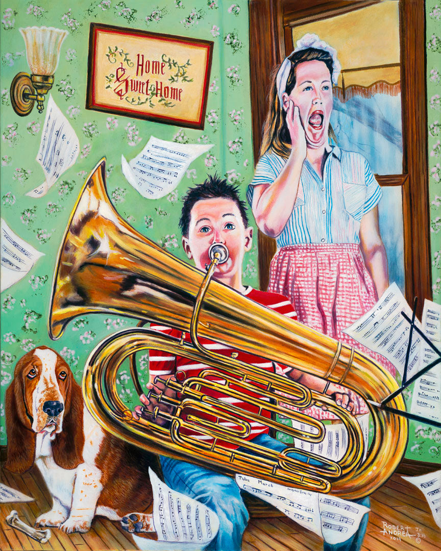 A painting of a child playing tuba loudly, to the displeasure of his mother, as sheet music flies through the air. 
