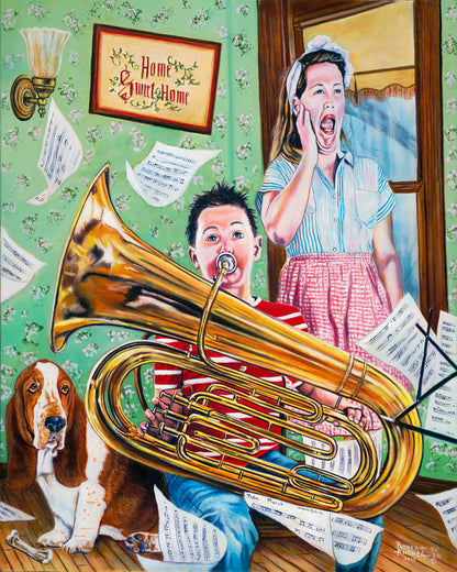 A painting of a child playing tuba loudly, to the displeasure of his mother, as sheet music flies through the air. 