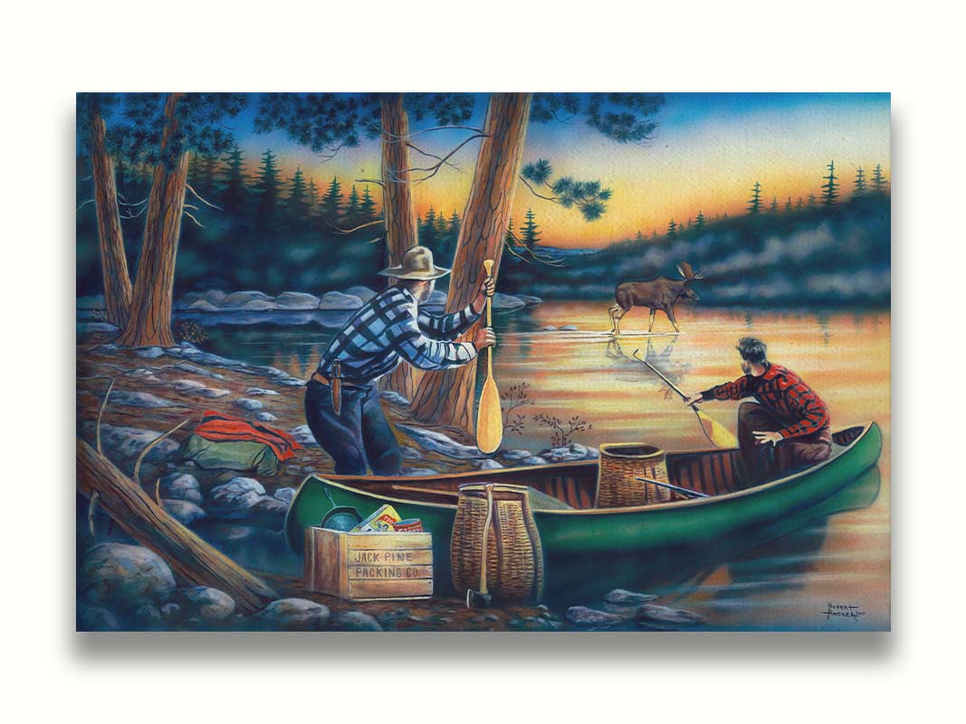 A painting of a moose crossing a lake, as two surprised hunters preparing to canoe look on. Printed on canvas.