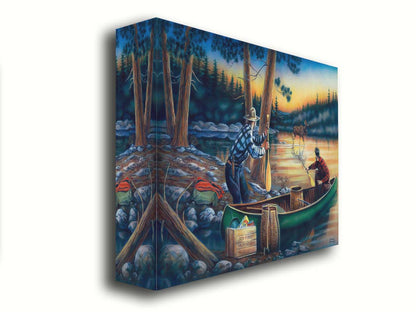 A painting of a moose crossing a lake, as two surprised hunters preparing to canoe look on. Printed on canvas.