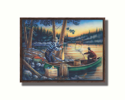 A painting of a moose crossing a lake, as two surprised hunters preparing to canoe look on. Printed on canvas in a float frame.