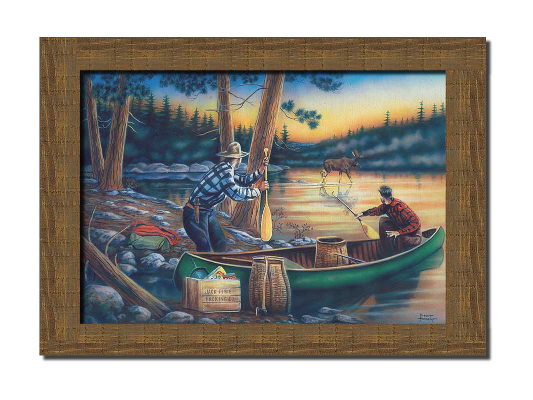 A painting of a moose crossing a lake, as two surprised hunters preparing to canoe look on. Printed on canvas and framed.