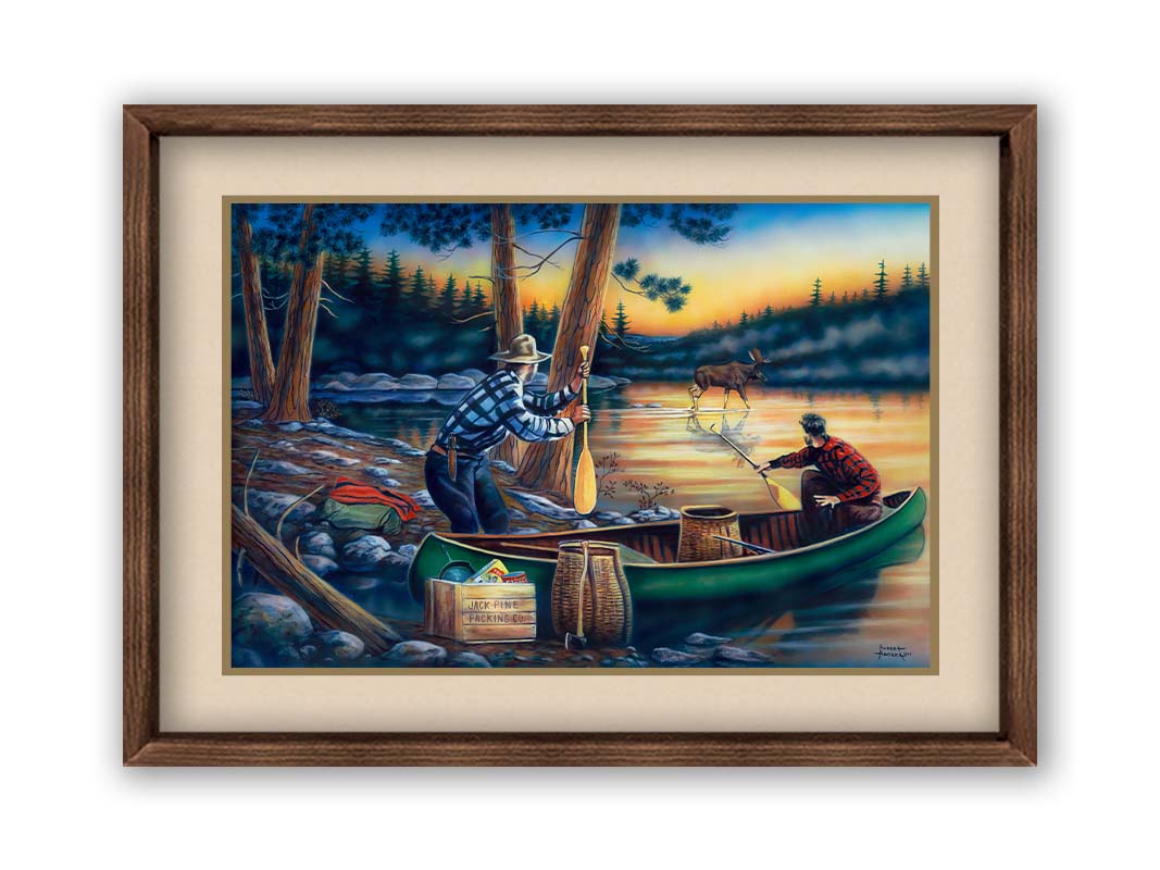 A painting of a moose crossing a lake, as two surprised hunters preparing to canoe look on. Printed on paper, matted, and framed.