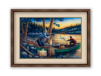 A painting of a moose crossing a lake, as two surprised hunters preparing to canoe look on. Printed on paper, matted, and framed.