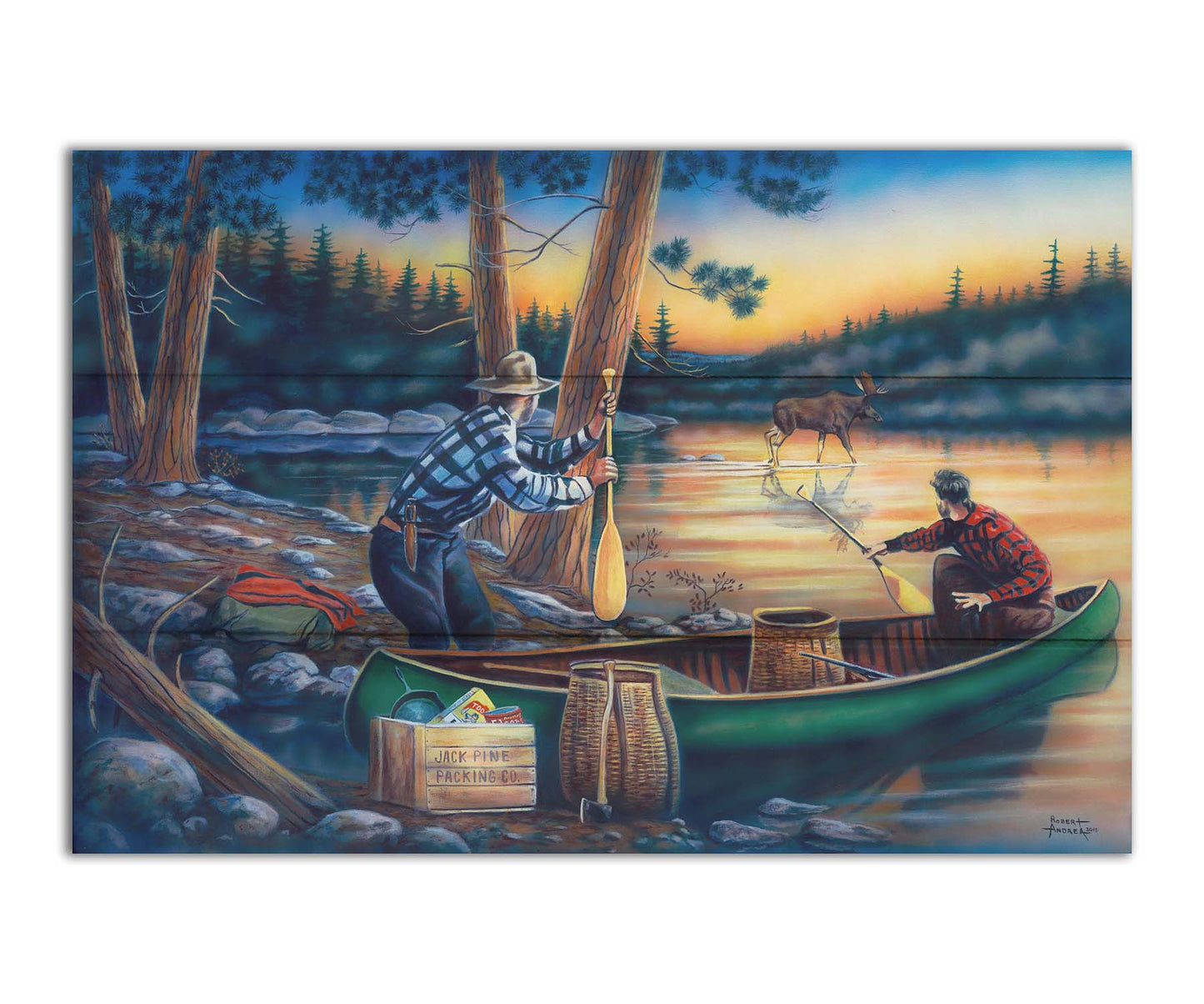 A painting of a moose crossing a lake, as two surprised hunters preparing to canoe look on. Printed on a box board.