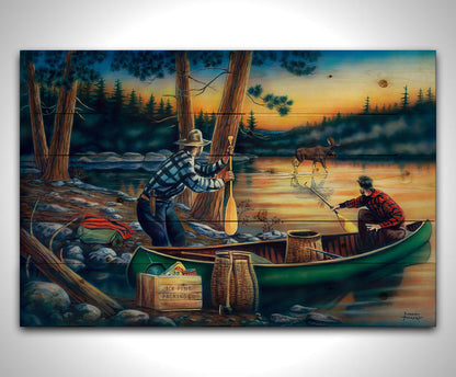 A painting of a moose crossing a lake, as two surprised hunters preparing to canoe look on. Printed on a wood pallet.