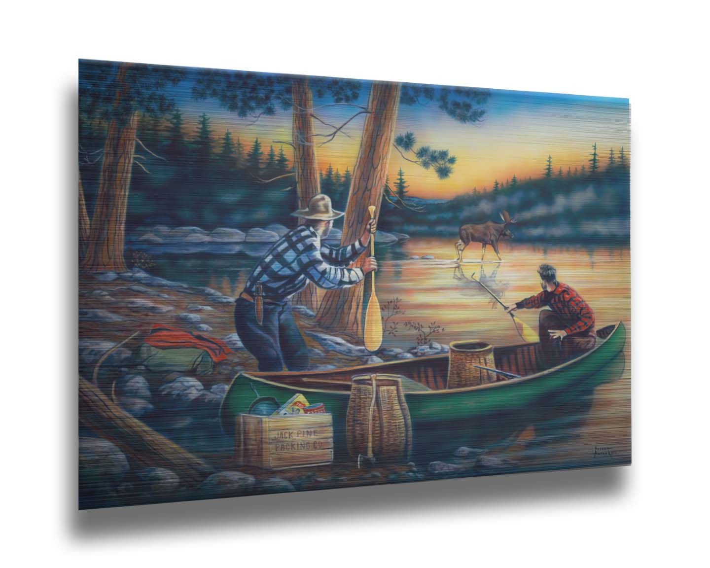 A painting of a moose crossing a lake, as two surprised hunters preparing to canoe look on. Printed on metal.