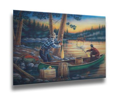 A painting of a moose crossing a lake, as two surprised hunters preparing to canoe look on. Printed on metal.