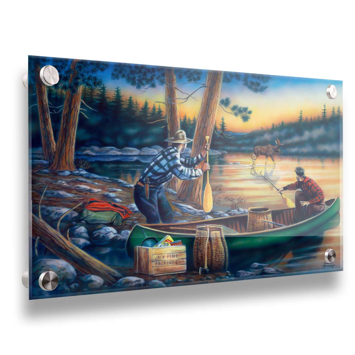 A painting of a moose crossing a lake, as two surprised hunters preparing to canoe look on. Printed on acrylic.