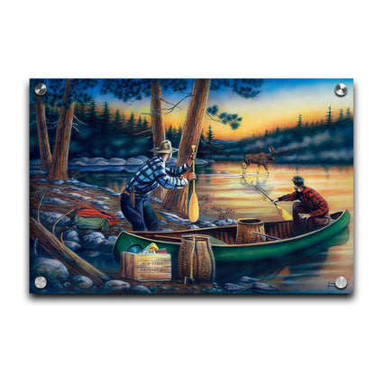 A painting of a moose crossing a lake, as two surprised hunters preparing to canoe look on. Printed on acrylic.