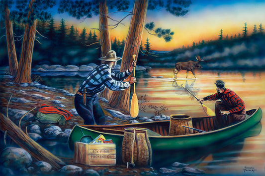 A painting of a moose crossing a lake, as two surprised hunters preparing to canoe look on.