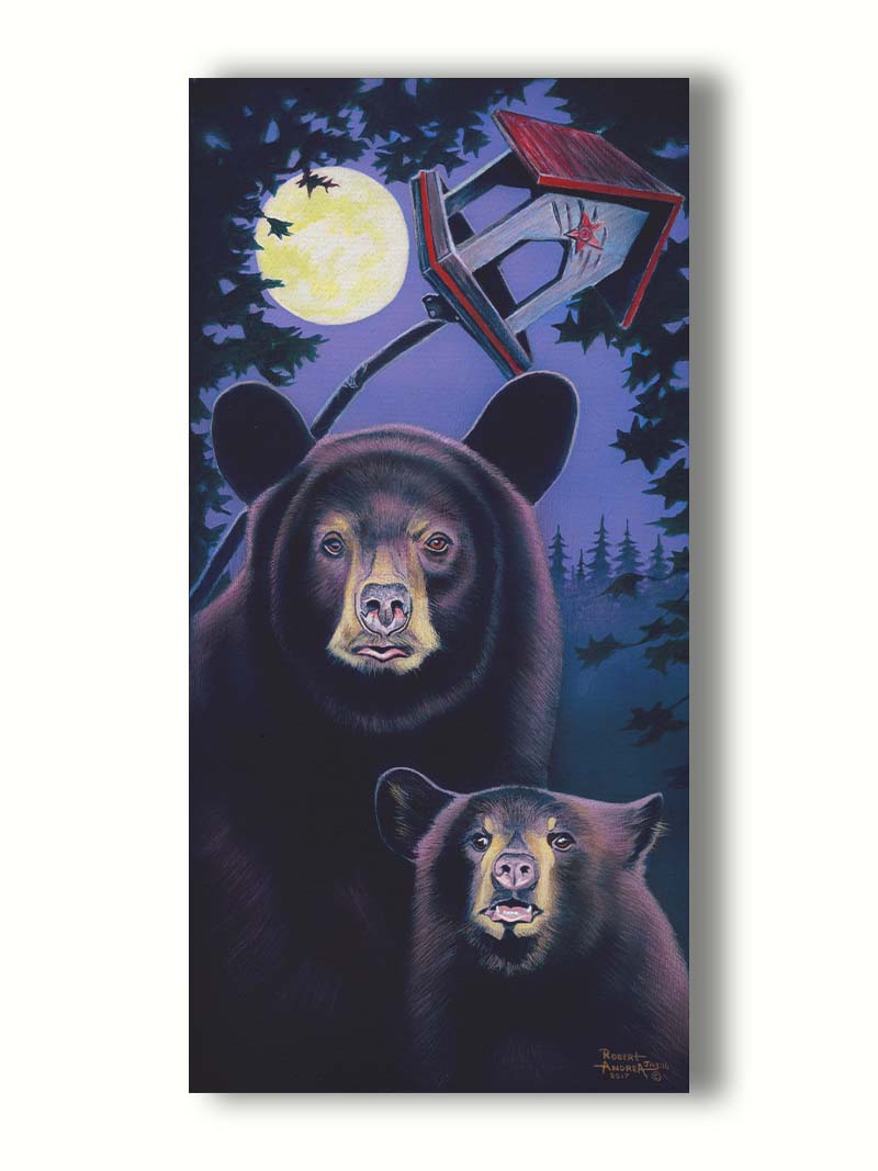 A painting of a mother bear and her cub standing under the moon. They have playfully scratched up a small birdhouse behind them. Printed on canvas.