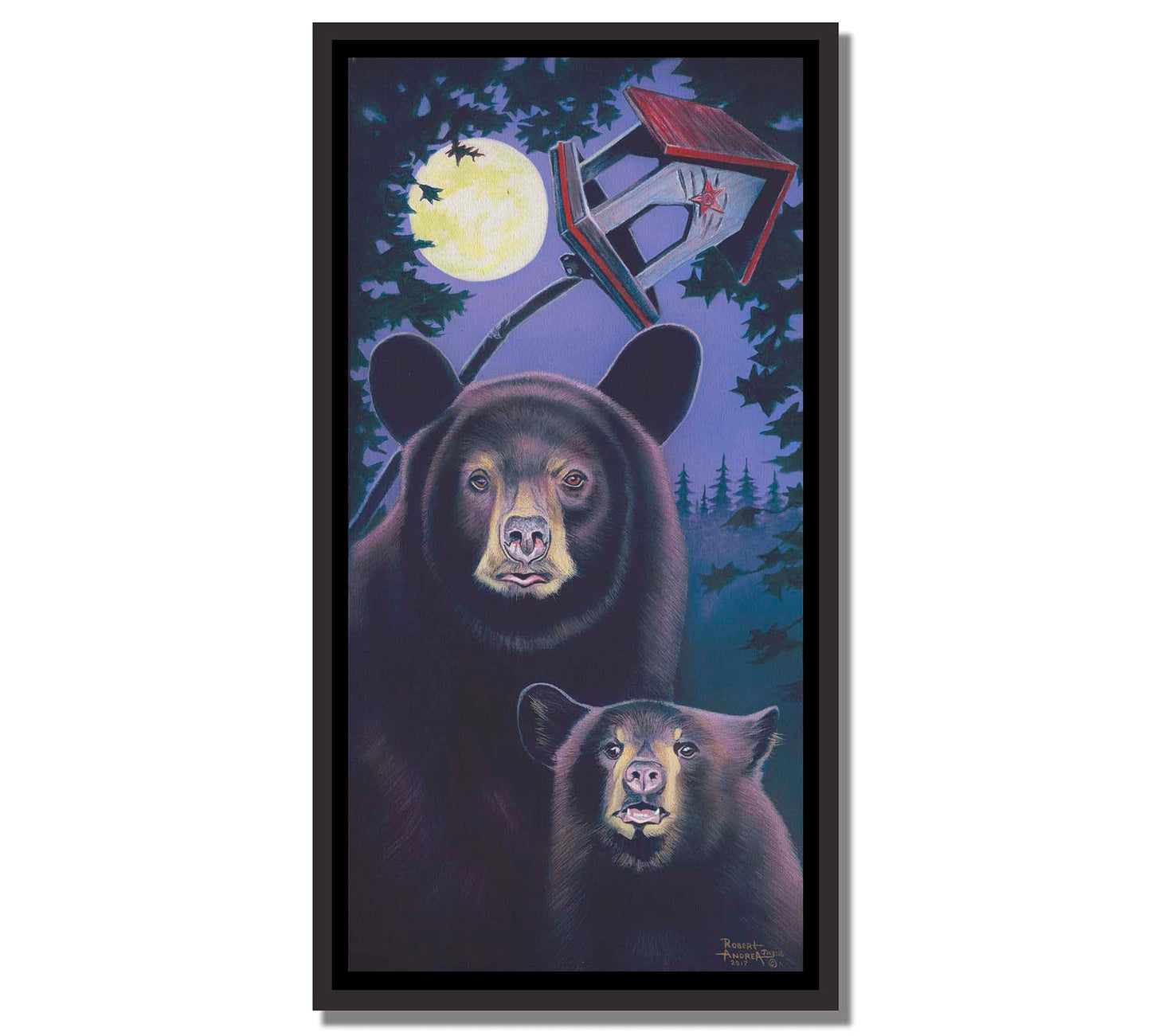 A painting of a mother bear and her cub standing under the moon. They have playfully scratched up a small birdhouse behind them. Printed on canvas in a float frame.