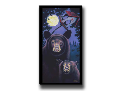 A painting of a mother bear and her cub standing under the moon. They have playfully scratched up a small birdhouse behind them. Printed on canvas and framed.