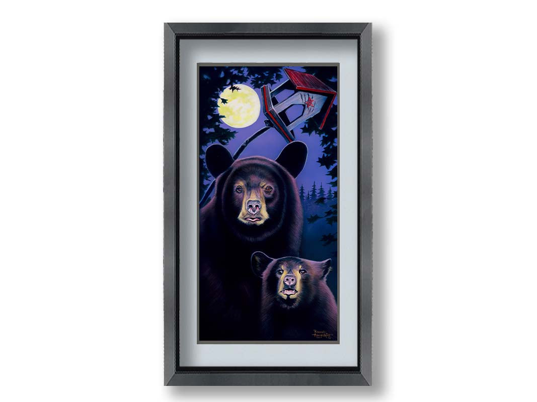 A painting of a mother bear and her cub standing under the moon. They have playfully scratched up a small birdhouse behind them. Printed on paper, matted, and framed.