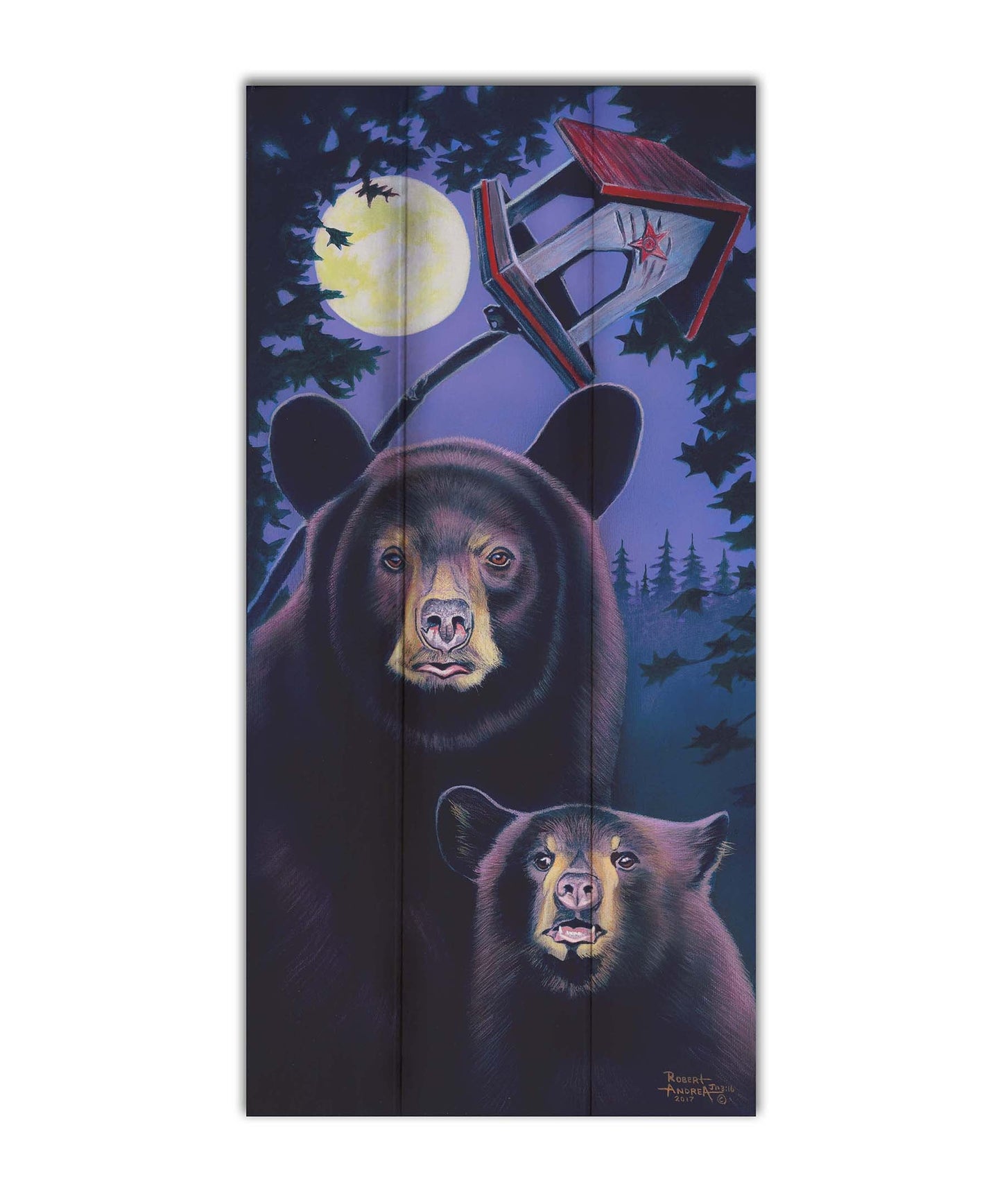 A painting of a mother bear and her cub standing under the moon. They have playfully scratched up a small birdhouse behind them. Printed on a box board.