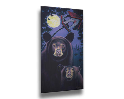 A painting of a mother bear and her cub standing under the moon. They have playfully scratched up a small birdhouse behind them. Printed on metal.