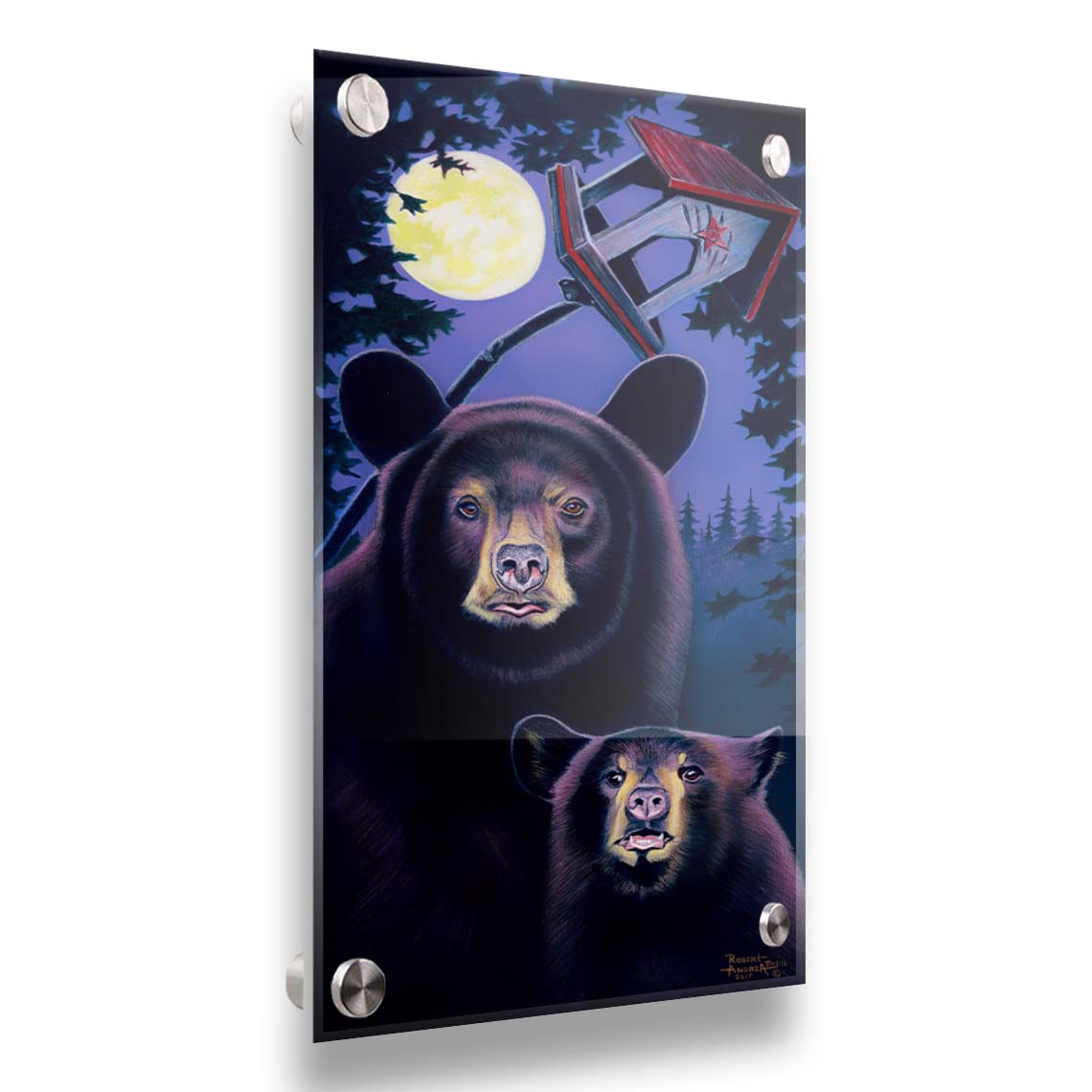 A painting of a mother bear and her cub standing under the moon. They have playfully scratched up a small birdhouse behind them. Printed on acrylic.