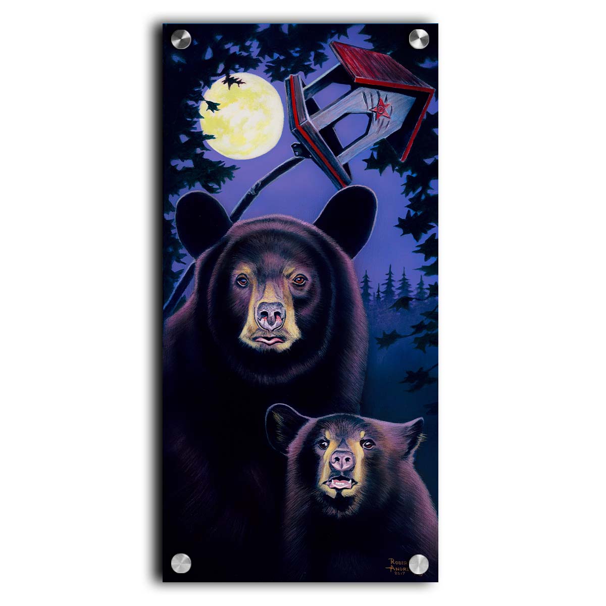 A painting of a mother bear and her cub standing under the moon. They have playfully scratched up a small birdhouse behind them. Printed on acrylic.